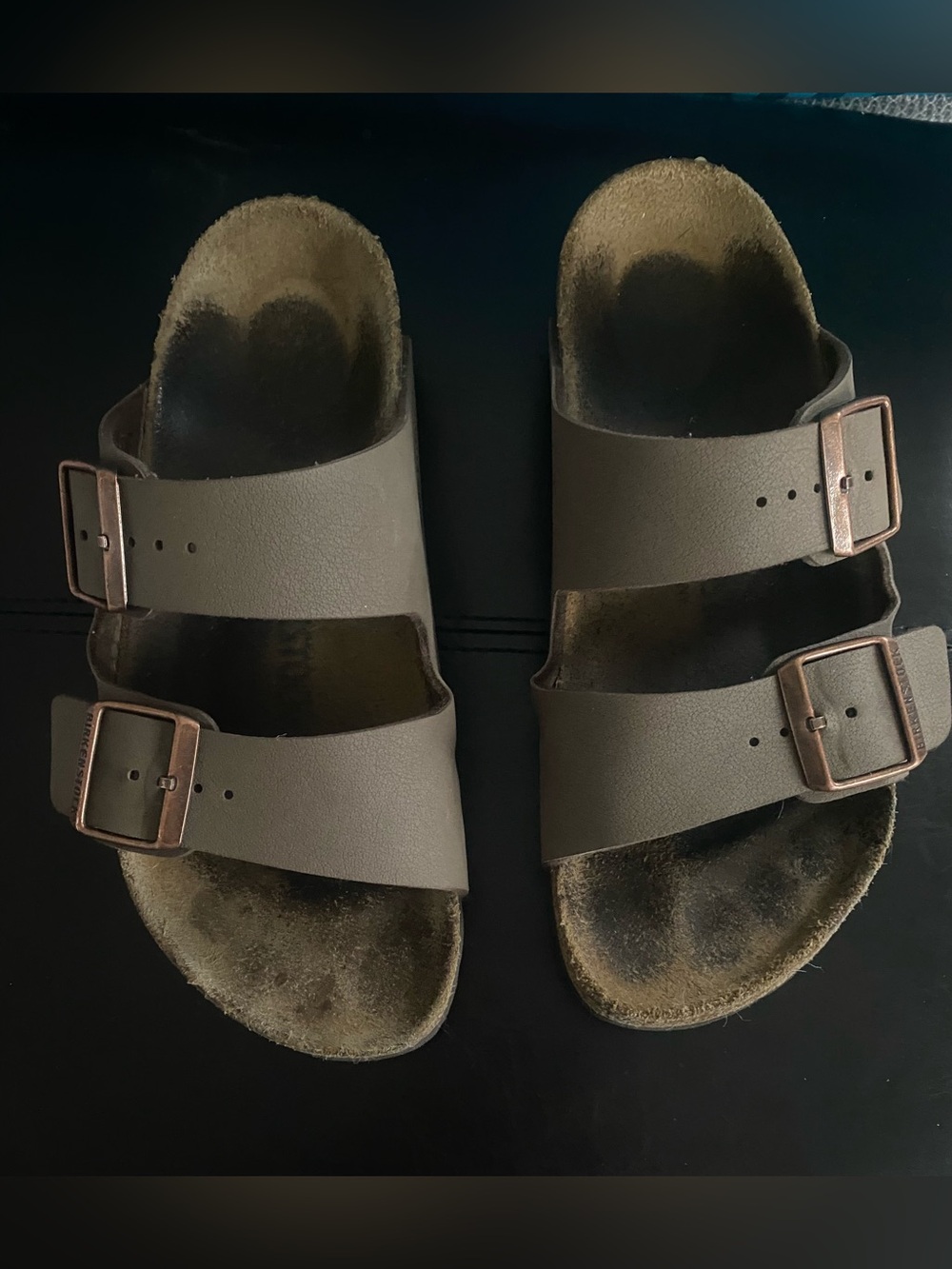 Birkenstock Two-Strap Sandals in Brown with Bronze Buckles